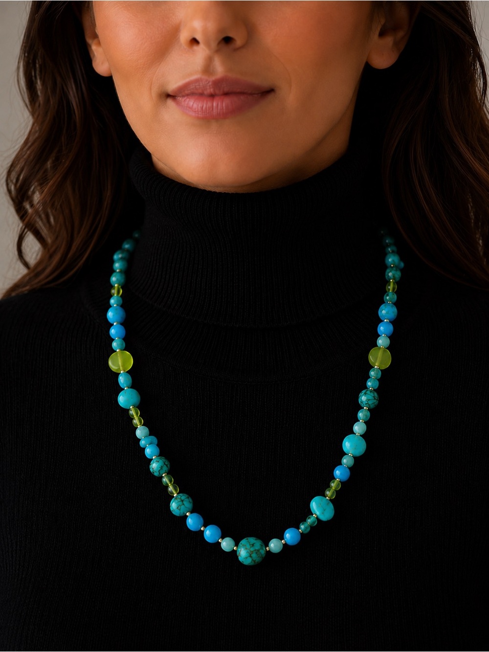 Turquoise & Lime Beaded Necklace - Bold Blue-Green Statement - jewelry